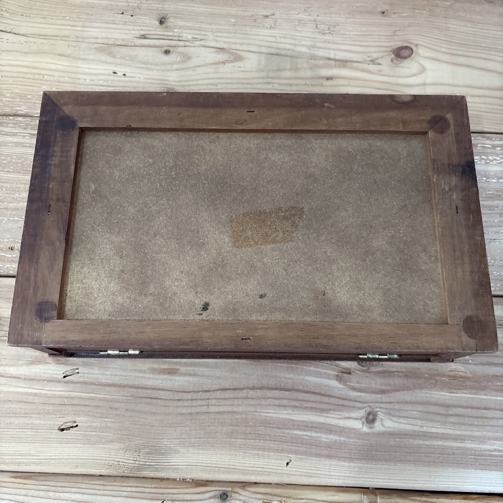 Vintage Wood Jewelry Box Yellow Velvet Lining Mid-Century Necklace & Ring Slots - Picture 5 of 5